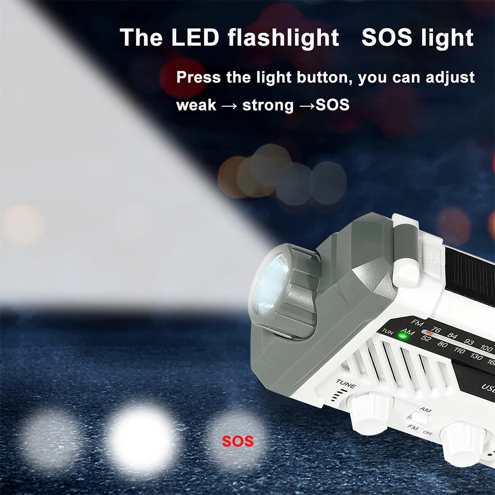 Portable Radio Battery Operated LED Flashlight USB Rechargeable Power Bank Emergency Equipment Backpacking White