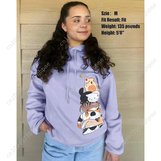 Tuislay Cute Cat Graphic Hoodies for Teen Girls Kawaii Cartoon Printed Hoodie Women Anime Print Hooded Sweatshirt Pullover