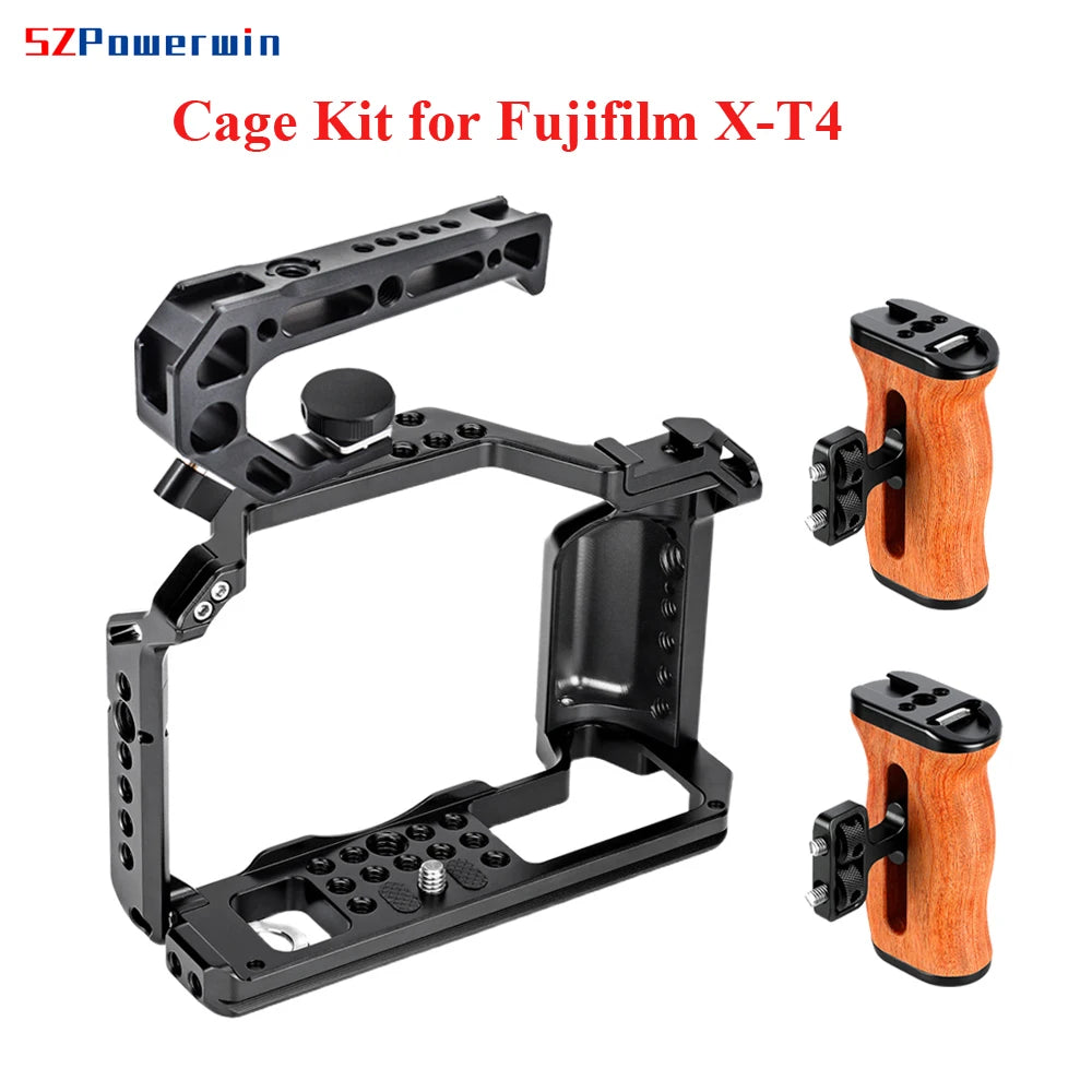 Powerwin For Fujifilm X-T4 XT4 Camera Cage Rig Kit with wooden Handle Aluminum Alloy Multifunctional Arri Locating Screw