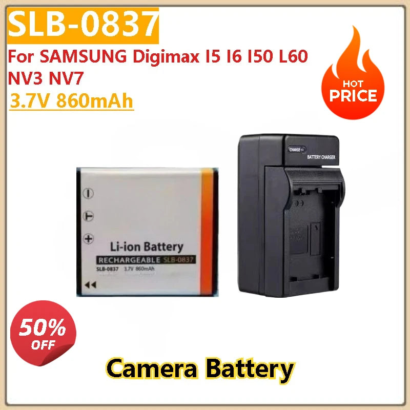 New 3.7V 860mAh High Quality Camera Battery SLB0837 SLB-0837 SLB 0837 + Charger for For SAMSUNG Digimax NV3 NV7 I5 I6 I50 L60