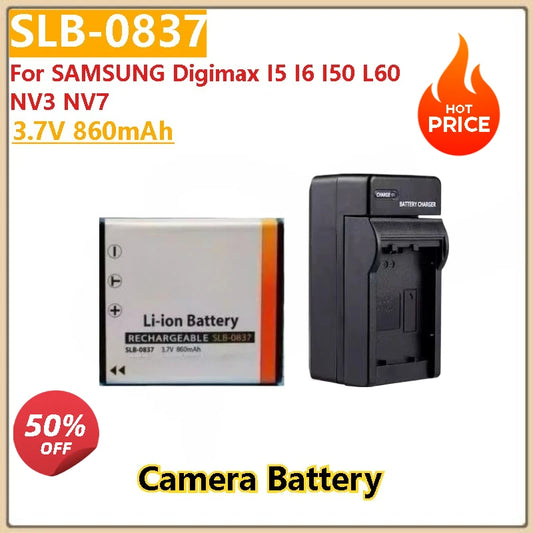 New 3.7V 860mAh High Quality Camera Battery SLB0837 SLB-0837 SLB 0837 + Charger for For SAMSUNG Digimax NV3 NV7 I5 I6 I50 L60