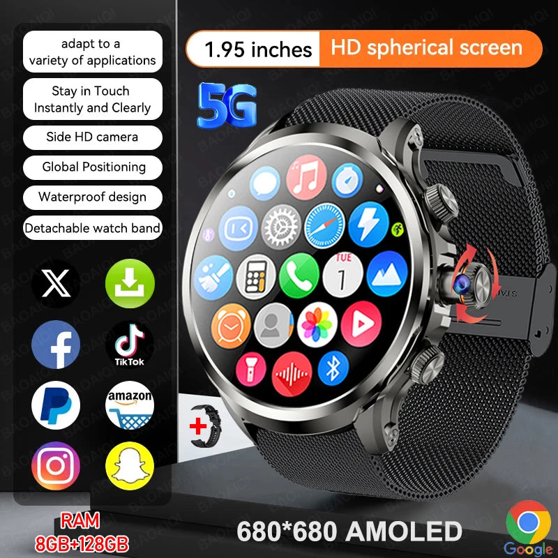 5G/4G Full Netcom Smart Watches 680*680 AMOLED 8GB+128GB RAM 1880mah Battery 900W Camera GPS WIFI Google APP Download Smartwatch