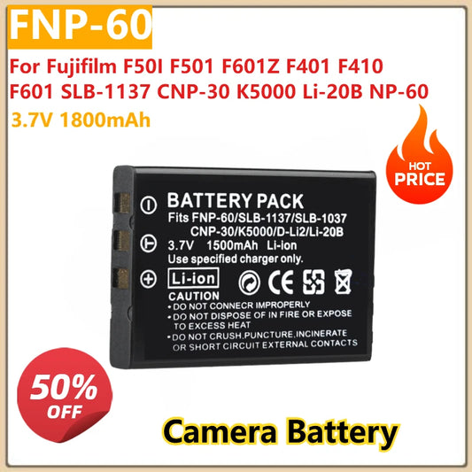 Replacement Camera Battery FNP60 3.7V 1800mAh for Fujifilm F50I F501 F601Z F401 F410 F601 SLB-1137 CNP-30 K5000 Li-20B NP-60