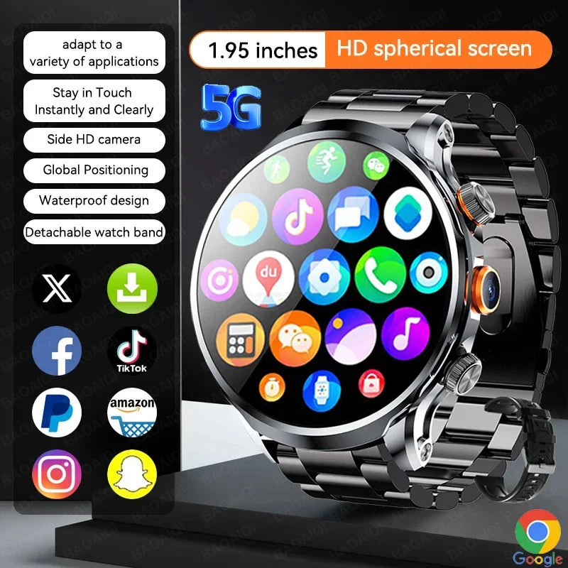 5G/4G Smart Watch 1.95 inch AMOLED 8GB+128GB RAM 800W Camera GPS WIFI Google APPS Download Heart Rate Smartwatch 1880mah Battery