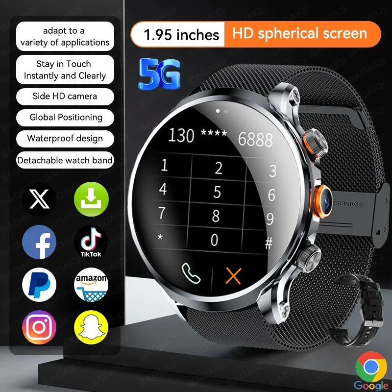 5G/4G Smart Watch 1.95 inch AMOLED 8GB+128GB RAM 800W Camera GPS WIFI Google APPS Download Heart Rate Smartwatch 1880mah Battery