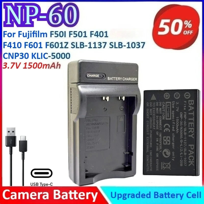 NP-60 3.7V 1500mAh SLB-1037 CNP30 KLIC-5000 D-Li2 Li-20B Camera Battery +Charger for Fujifilm F50I F501 F401 F410 F601 F601Z