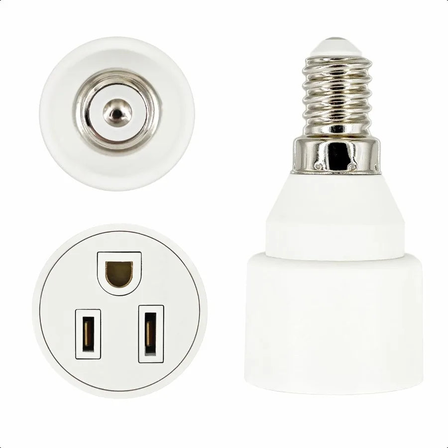 E14 to US 3Prong Outlet Adapter Light Bulb Socket Converter Polarized Fireproof ABS Compact White Design 2 Pcs Per Pack
