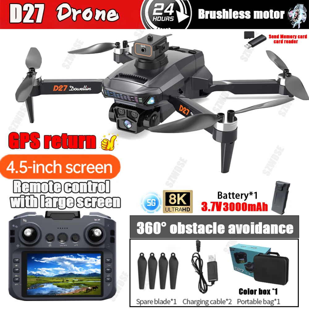 2025 New D27 GPS Drone with Screen Remote Control 5G Image Transmission 8K HD Camera Obstacle Avoidance Brushless FPV Flight 5KM