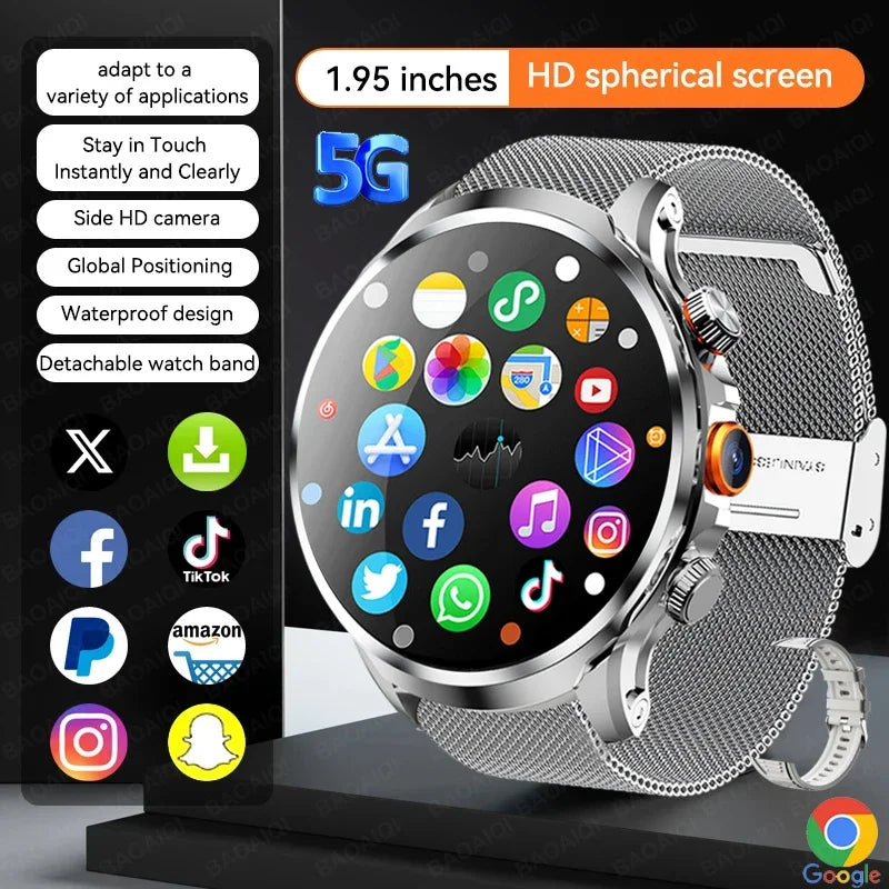 5G/4G Smart Watch 1.95 inch AMOLED 8GB+128GB RAM 800W Camera GPS WIFI Google APPS Download Heart Rate Smartwatch 1880mah Battery