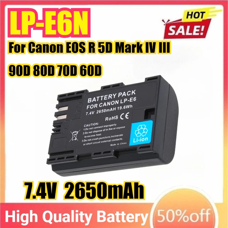 2650mAh LP-E6N LPE6N Camera Battery For Canon EOS R 5D Mark IV III 90D 80D 70D 60D 60Da 5DS 5DSR 6D 5D 7D Mark II