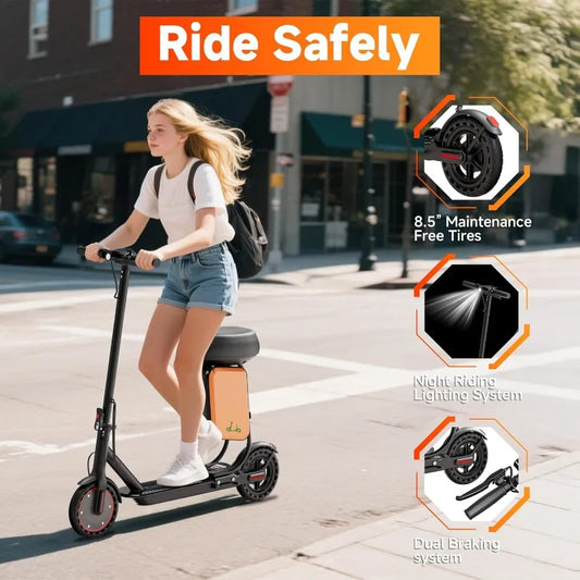 Electric Scooter With Seat For Adults - 19MPH & 21-Mile Range, 350W Motor, 8.5" Solid Tires With App Control & Dual Brake System