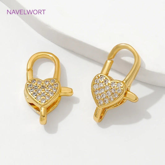18K Gold Plated Inlaid Zircon Heart Lobster Clasps,Connectors For Jewelry,Clasp For Bracelet,DIY Jewelry Making Accessories