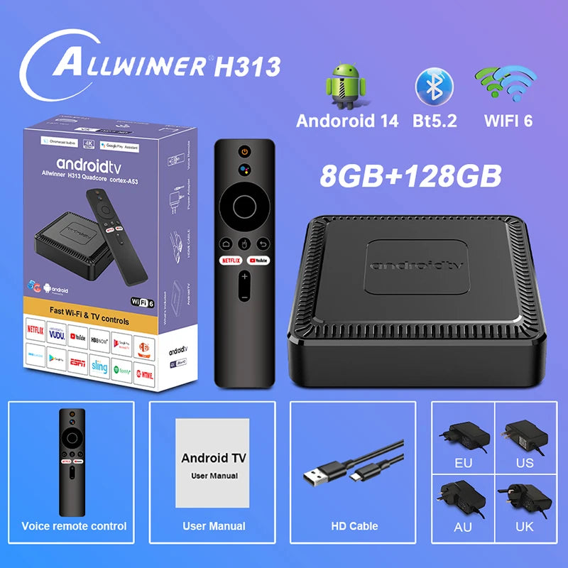2025 New Q7 Smart TV Box Android14 Allwinner H313 8G+128GB ROM Dual-Band WiFi 6 Bluetooth 5.2 Google Voice Remote Media Player
