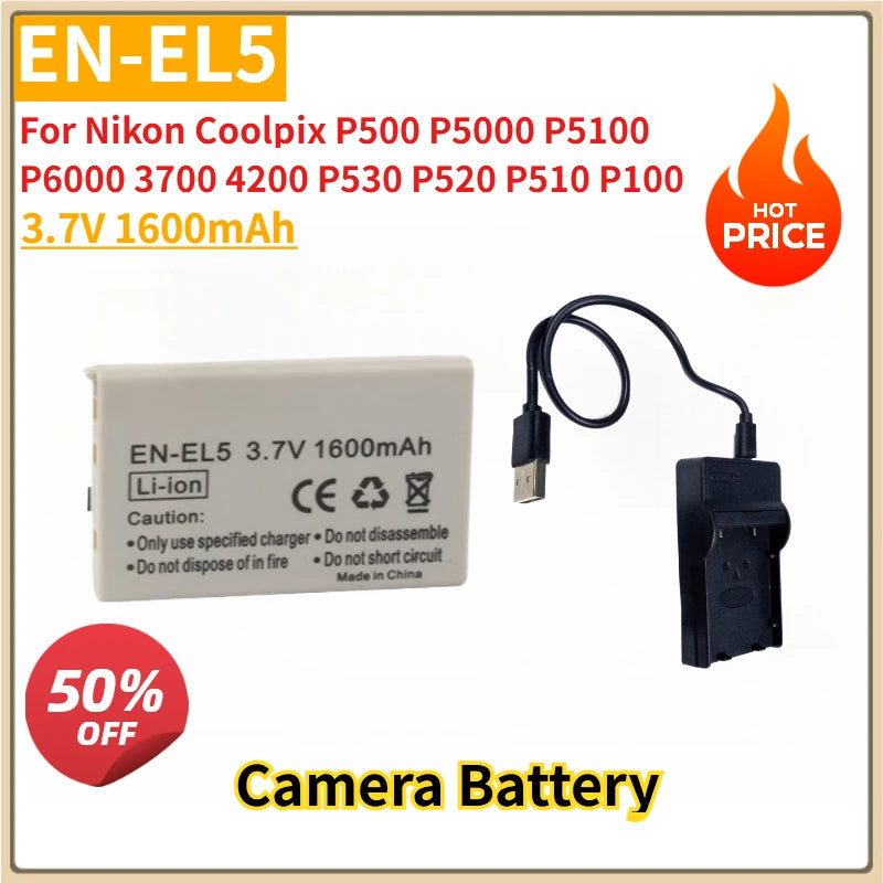 New EN-EL5 ENEL5 3.7V 1600mAh Replacement Camera Battery with charger for Nikon Coolpix P500 P5000 P5100 P6000 3700 4200 P530