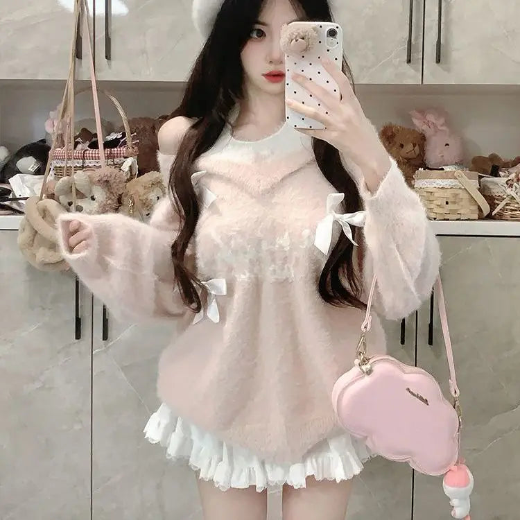 Sweaters Jumpers Pullovers Woman Y2K White Felt Polka Dot French Style Cafe Date Fashion Elegant Feminine Classic Vintage Chic