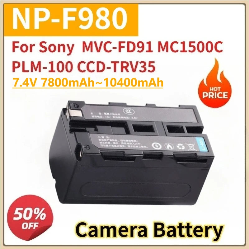 Replacement Camera Battery NP-F980 NP-F970 NP-F990 7.4V 7800mAh~10400mAh USB-C Port for Sony MVC-FD91 MC1500C PLM-100 CCD-TRV35