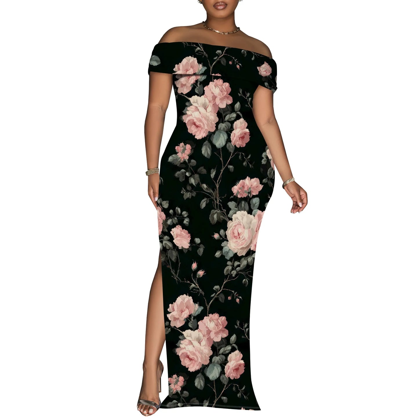 Women's Maxi Dresses Short Sleeve Floral Solid Summer Beach Dress Casual Loose   Side Split Long Dress with Pockets