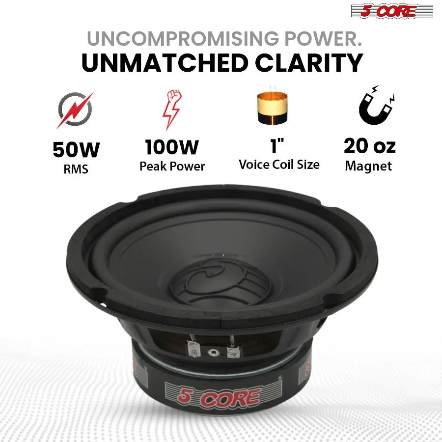 5 Core 6.5 Inch Woofer 100W Car Audio Subwoofer Pair 4 Ohm Impedance Replacement Deep Bass Sub w 20 Oz Y30 Magnet Poly Cone Rub