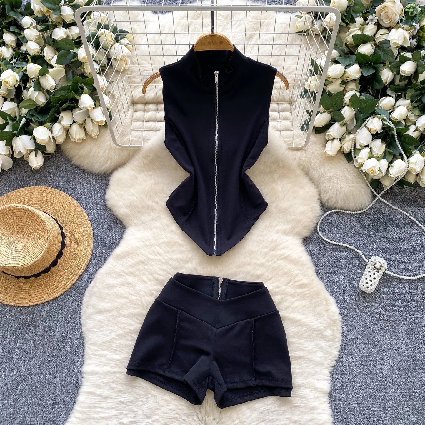 Female Zipper Stand Neck Top Shorts 2pcs Sets Women Summer Slim Stretch Sexy Party Nightclub Date Cafe Streetwear Solid Hot Sets