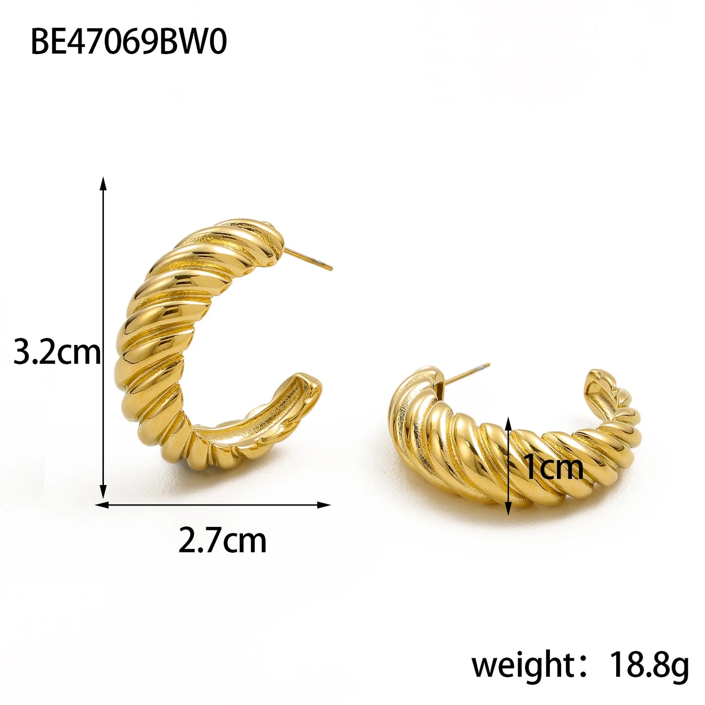 CARLIDANA New Trendy 18K Gold Plated Geometric Twisted Huggie Hoop C Shaped Stainless Steel Statement Earrings For Women