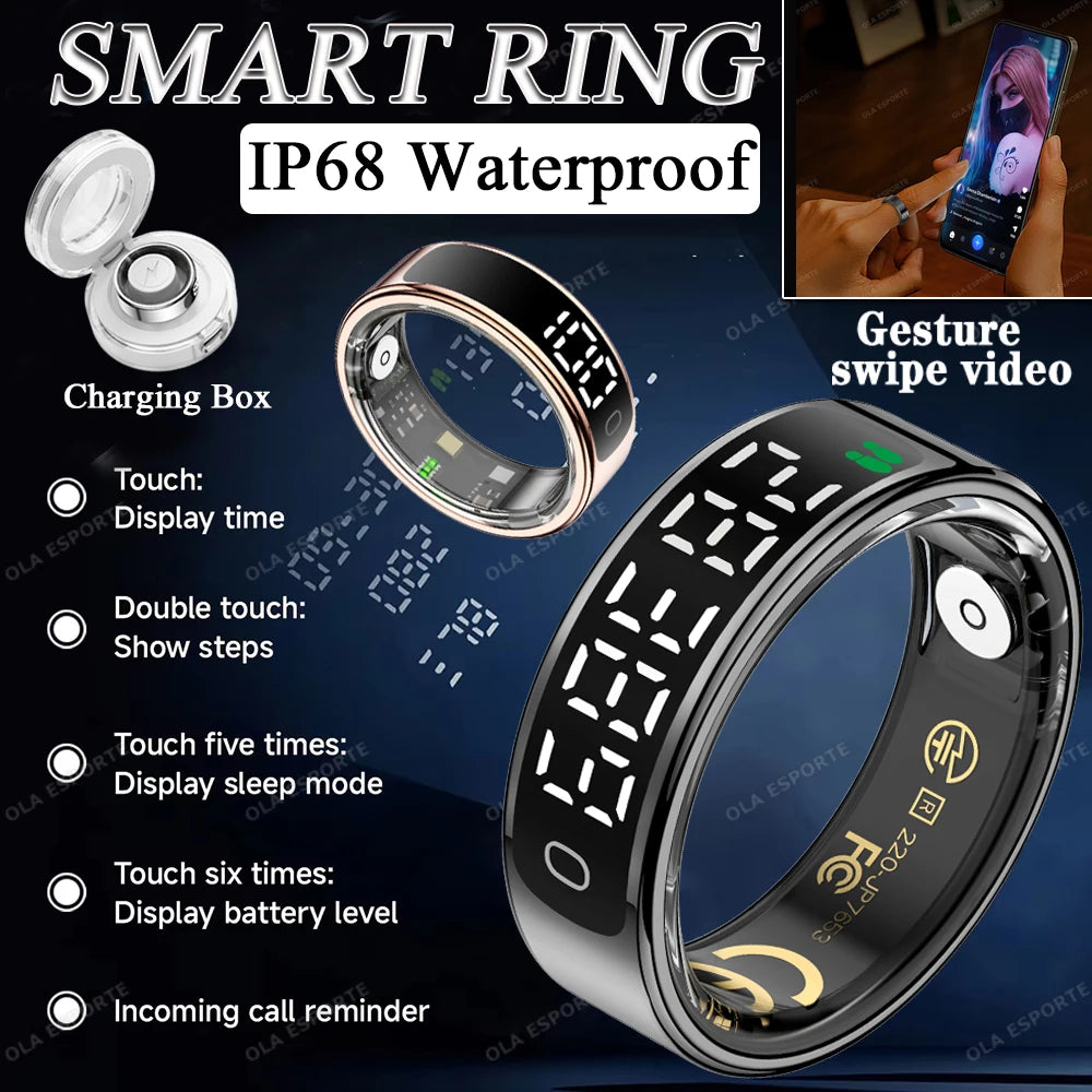 New Smart Ring Men Women LED Display Screen Gesture Swipe Video Health Monitoring Waterproof Heart Rate Sleep Monitor Smartring