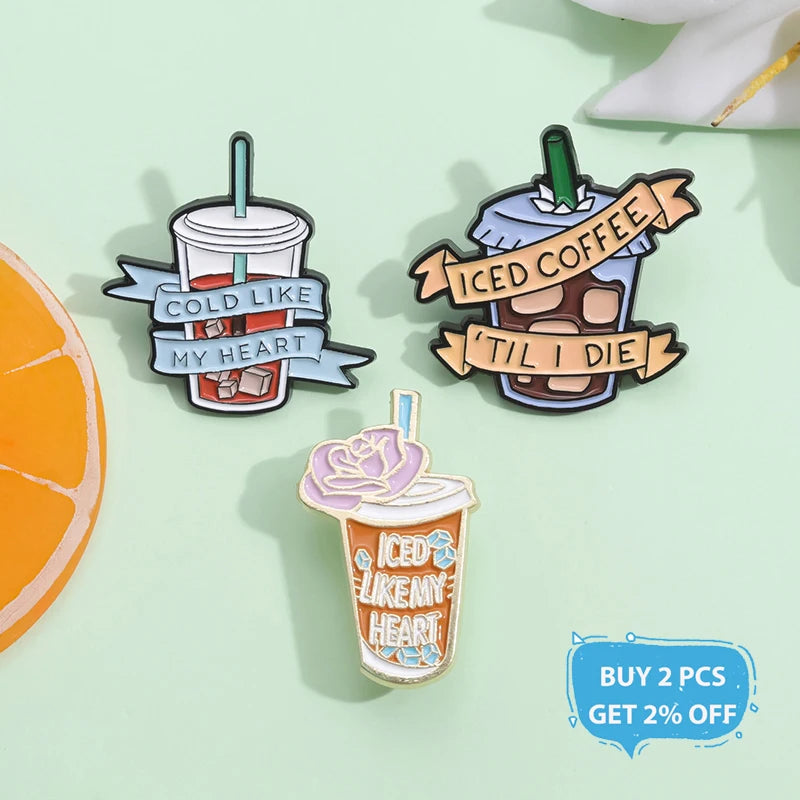 Iced Coffee Like My Heart Enamel Pin Collection Iced Coffee Til I Die Brooch Lapel Badge Coffee Addict Jewelry For Cafe Lover