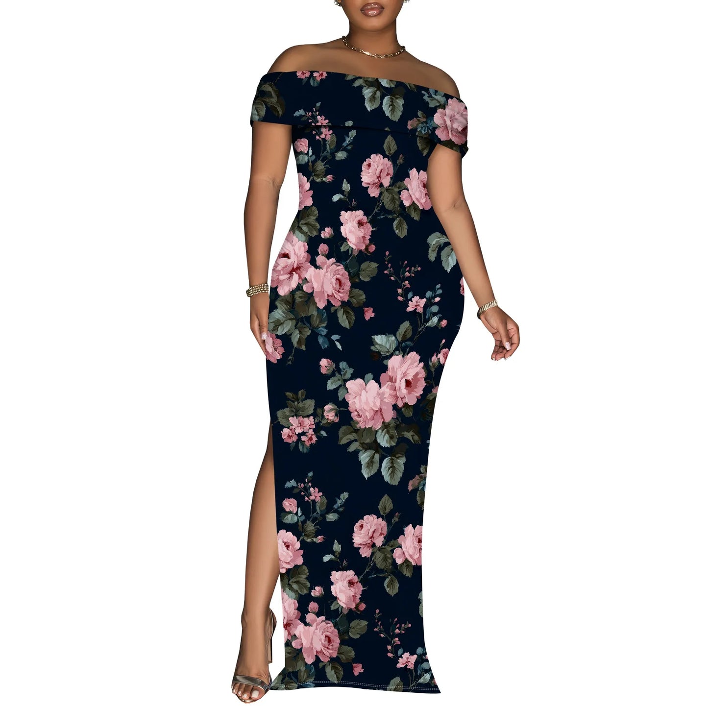 Women's Maxi Dresses Short Sleeve Floral Solid Summer Beach Dress Casual Loose   Side Split Long Dress with Pockets