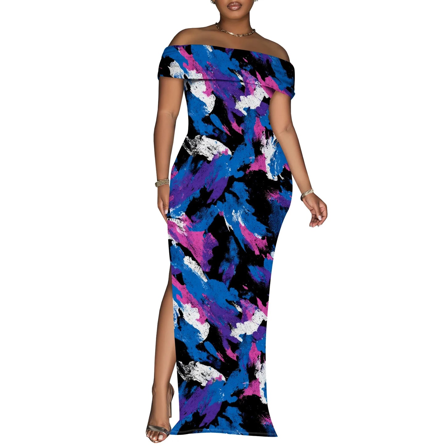 Women's Maxi Dresses Short Sleeve Floral Solid Summer Beach Dress Casual Loose   Side Split Long Dress with Pockets