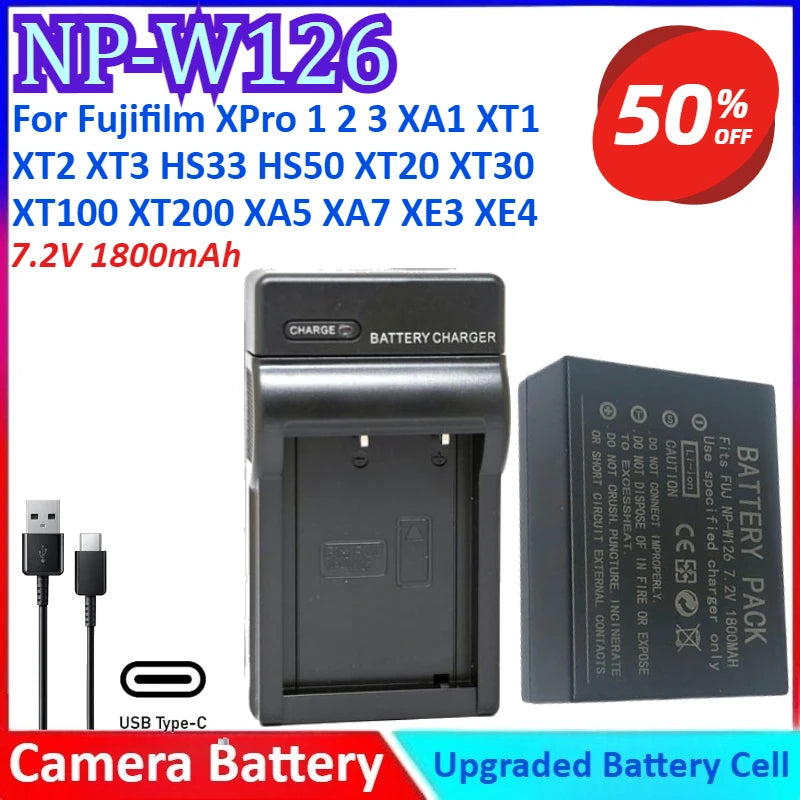 NP-W126 7.2V 1800mAh Camera Battery+Charger For Fujifilm XPro 1 2 3 XA1 XT1 XT2 XT3 HS33 HS50 XT20 XT30 XS10 XT100 XT200 XA5 XA7