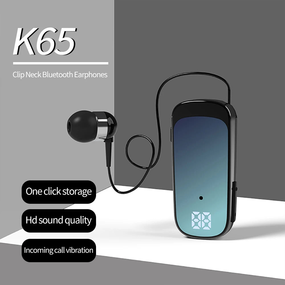 K65 Fashion Bluetooth Headset Business Retractable Lavalier Type Earphone Single Ear Hands Free with Wire Super Long Standby
