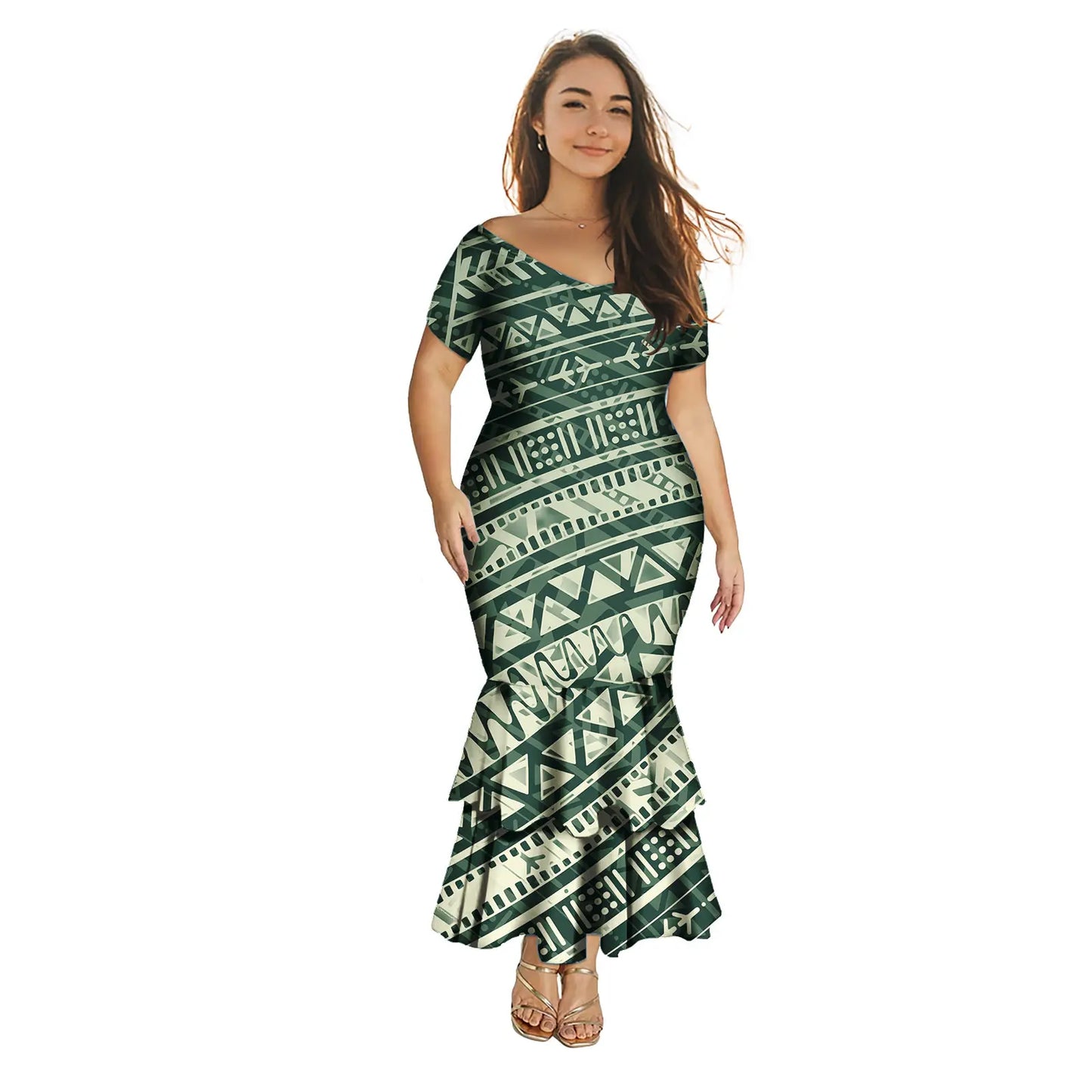 Fashion Puletasi Polynesian Dress for Women Luxury Print Maxi Mermaid Evening Dress Sexy Off Shoulder Dresses