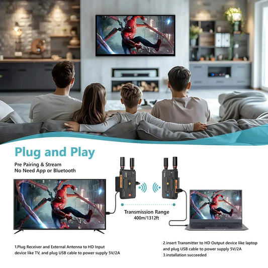 400m 5G 4K Wireless Video Transmitter Receiver HDMI Extender Dual Display Adapter Support Battery Wedding Camera Live Streaming
