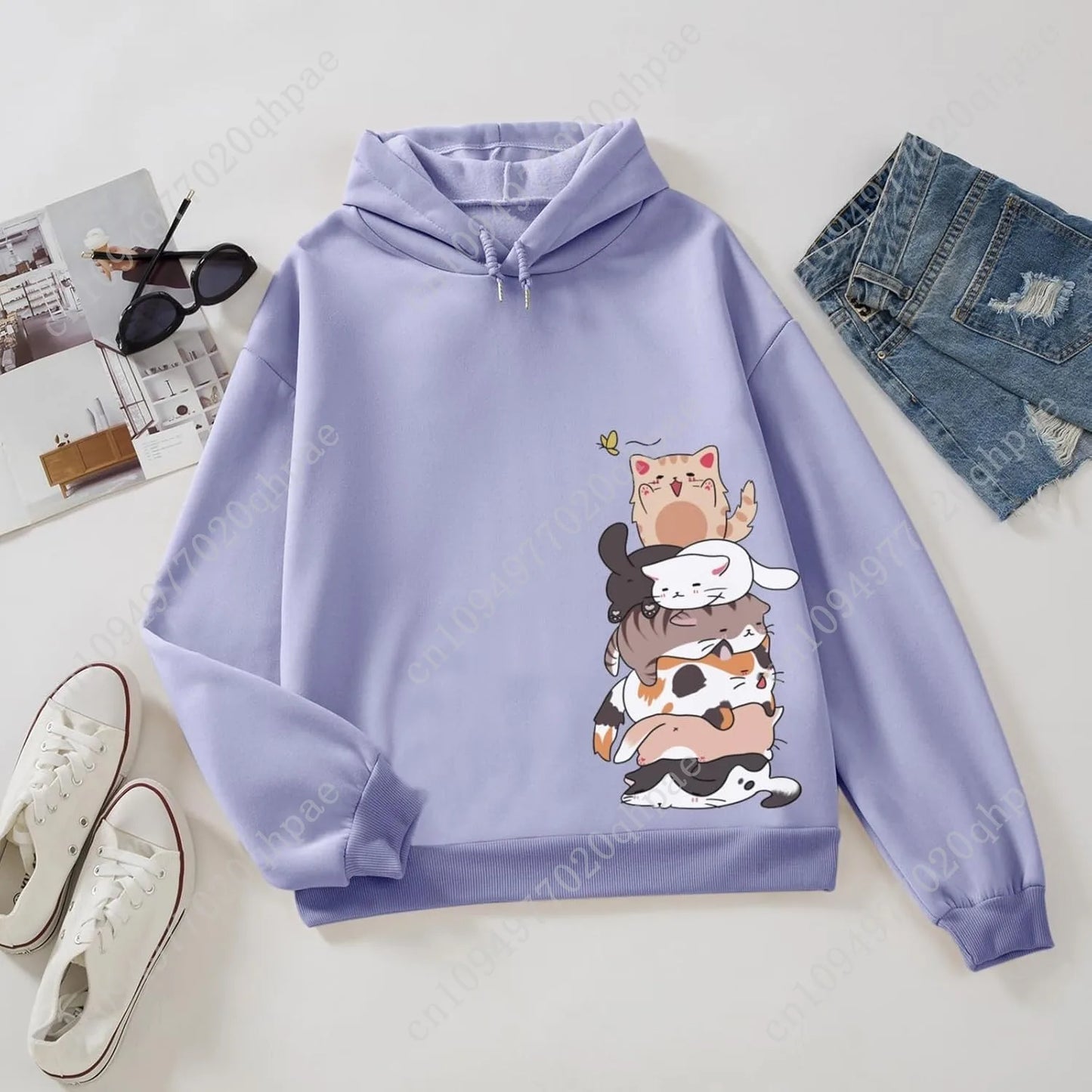 Tuislay Cute Cat Graphic Hoodies for Teen Girls Kawaii Cartoon Printed Hoodie Women Anime Print Hooded Sweatshirt Pullover