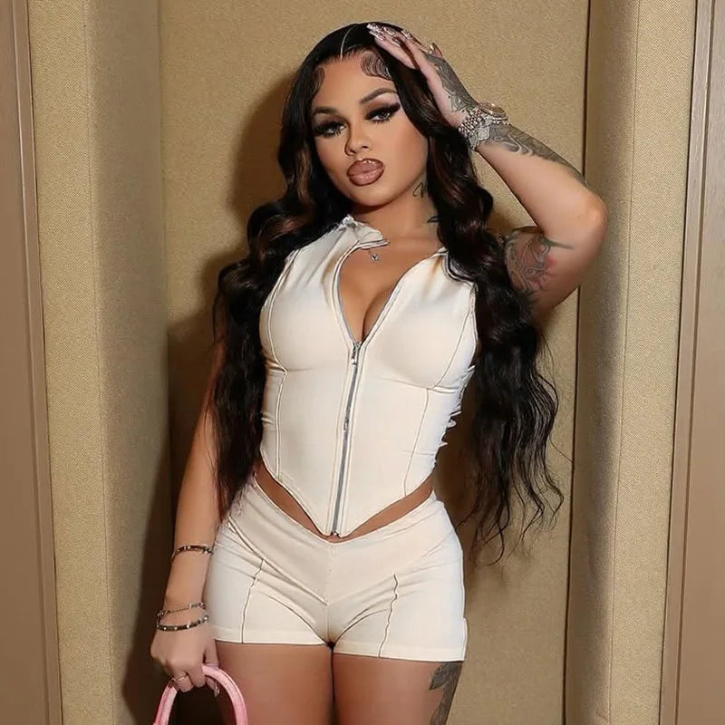 Female Zipper Stand Neck Top Shorts 2pcs Sets Women Summer Slim Stretch Sexy Party Nightclub Date Cafe Streetwear Solid Hot Sets