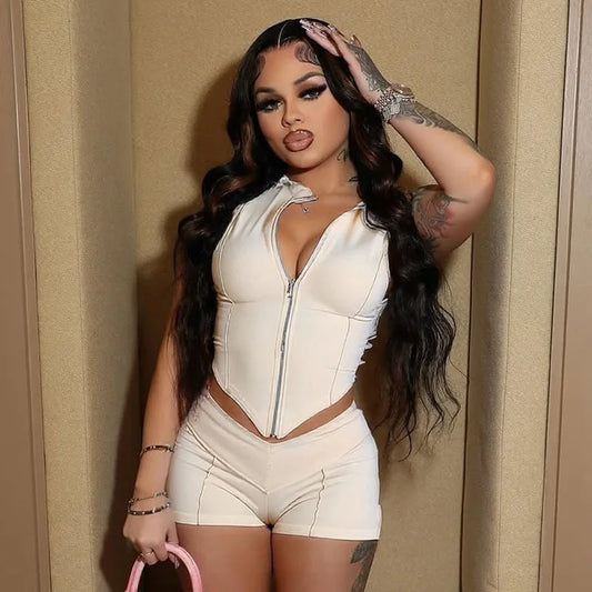 Female Zipper Stand Neck Top Shorts 2pcs Sets Women Summer Slim Stretch Sexy Party Nightclub Date Cafe Streetwear Solid Hot Sets