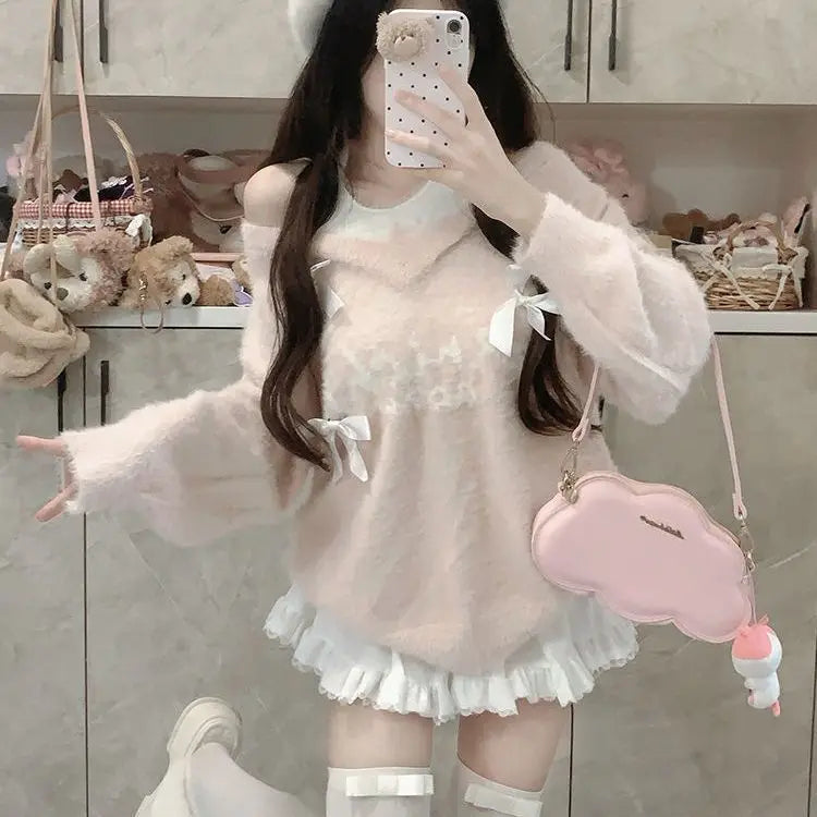 Sweaters Jumpers Pullovers Woman Y2K White Felt Polka Dot French Style Cafe Date Fashion Elegant Feminine Classic Vintage Chic