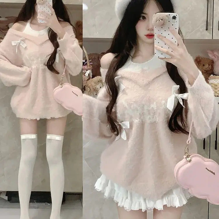 Sweaters Jumpers Pullovers Woman Y2K White Felt Polka Dot French Style Cafe Date Fashion Elegant Feminine Classic Vintage Chic