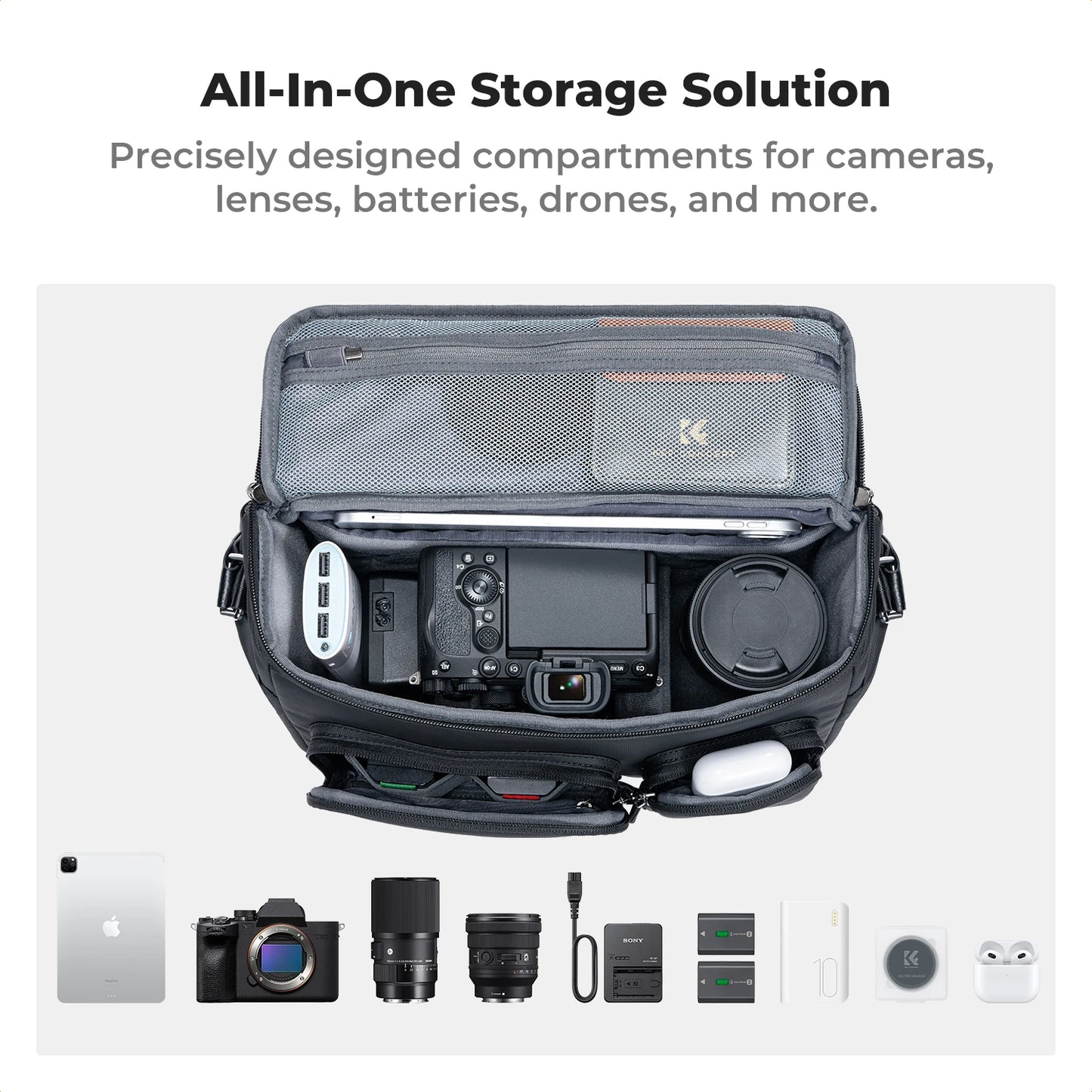 K&F Concept Zipper Buckle Camera Sling Bag Travel Photography Shoulder Bag For Sony DSLR SLR Camera Accessories Tripod Holder