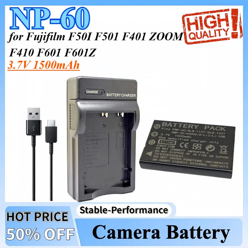 NP-60 NP60 SLB-1137 SLB-1037 CNP30 KLIC-5000 D-Li2 Li-20B Battery + Charger for Fujifilm F50I F501 F401 ZOOM F410 F601 F601Z