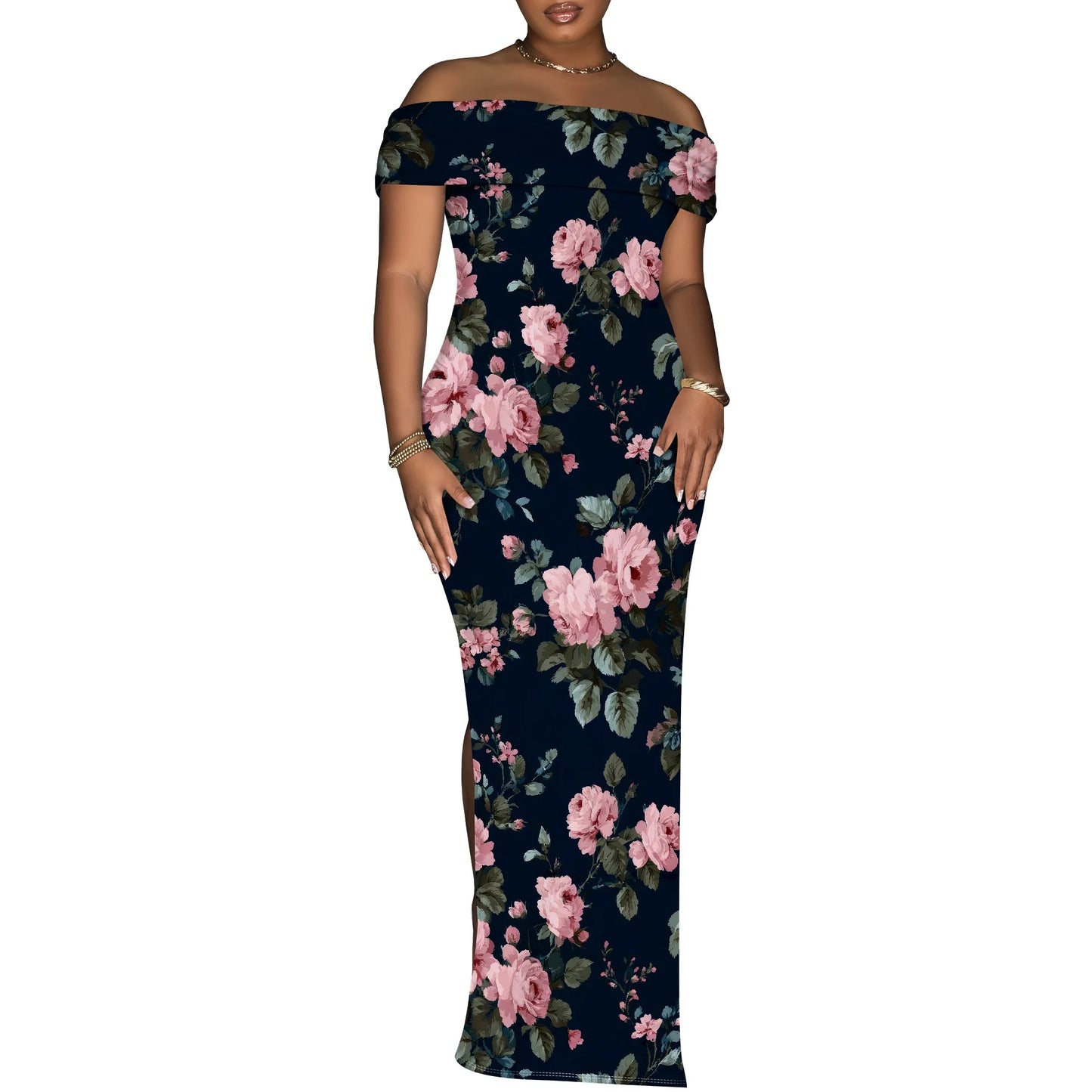 Women's Maxi Dresses Short Sleeve Floral Solid Summer Beach Dress Casual Loose   Side Split Long Dress with Pockets