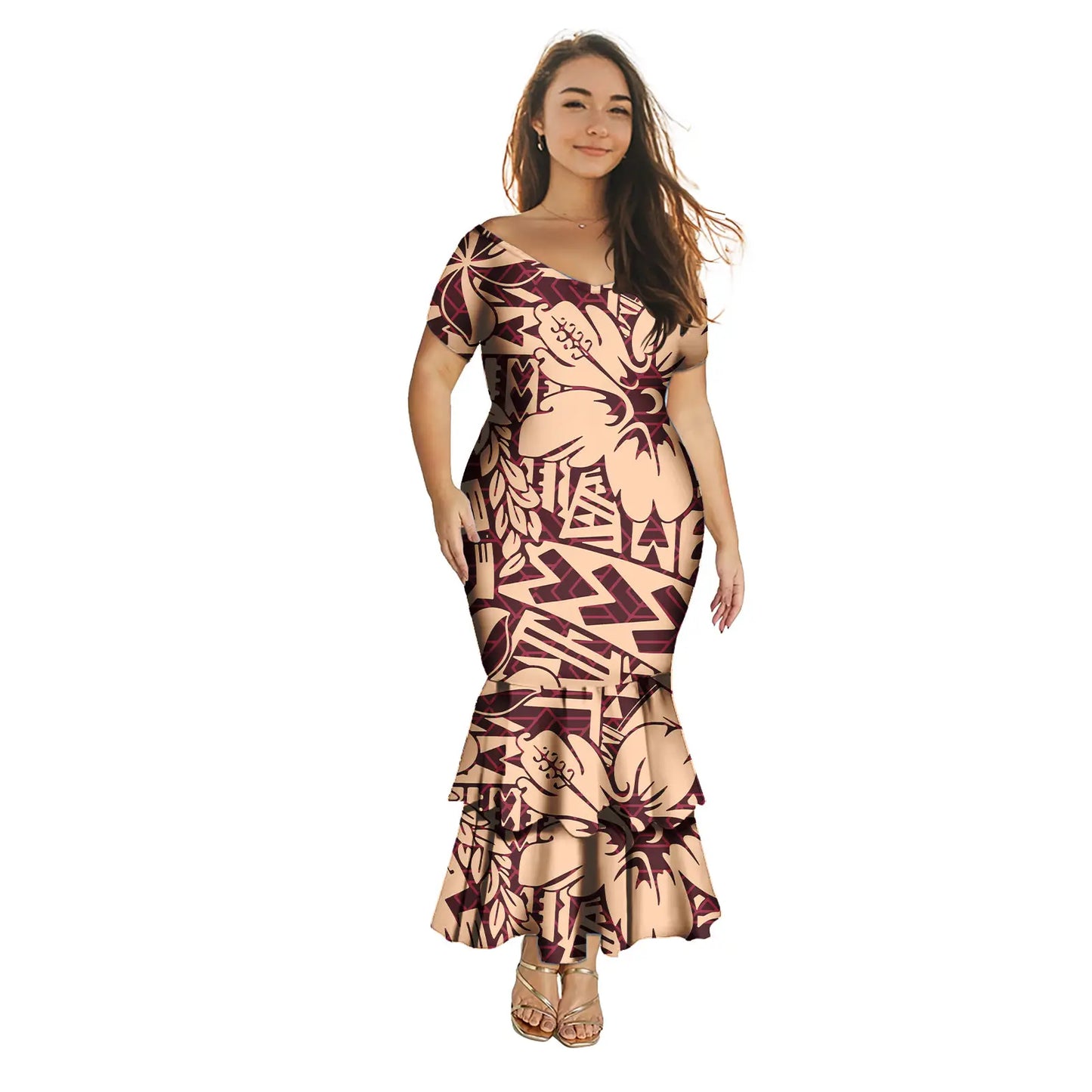 Fashion Puletasi Polynesian Dress for Women Luxury Print Maxi Mermaid Evening Dress Sexy Off Shoulder Dresses