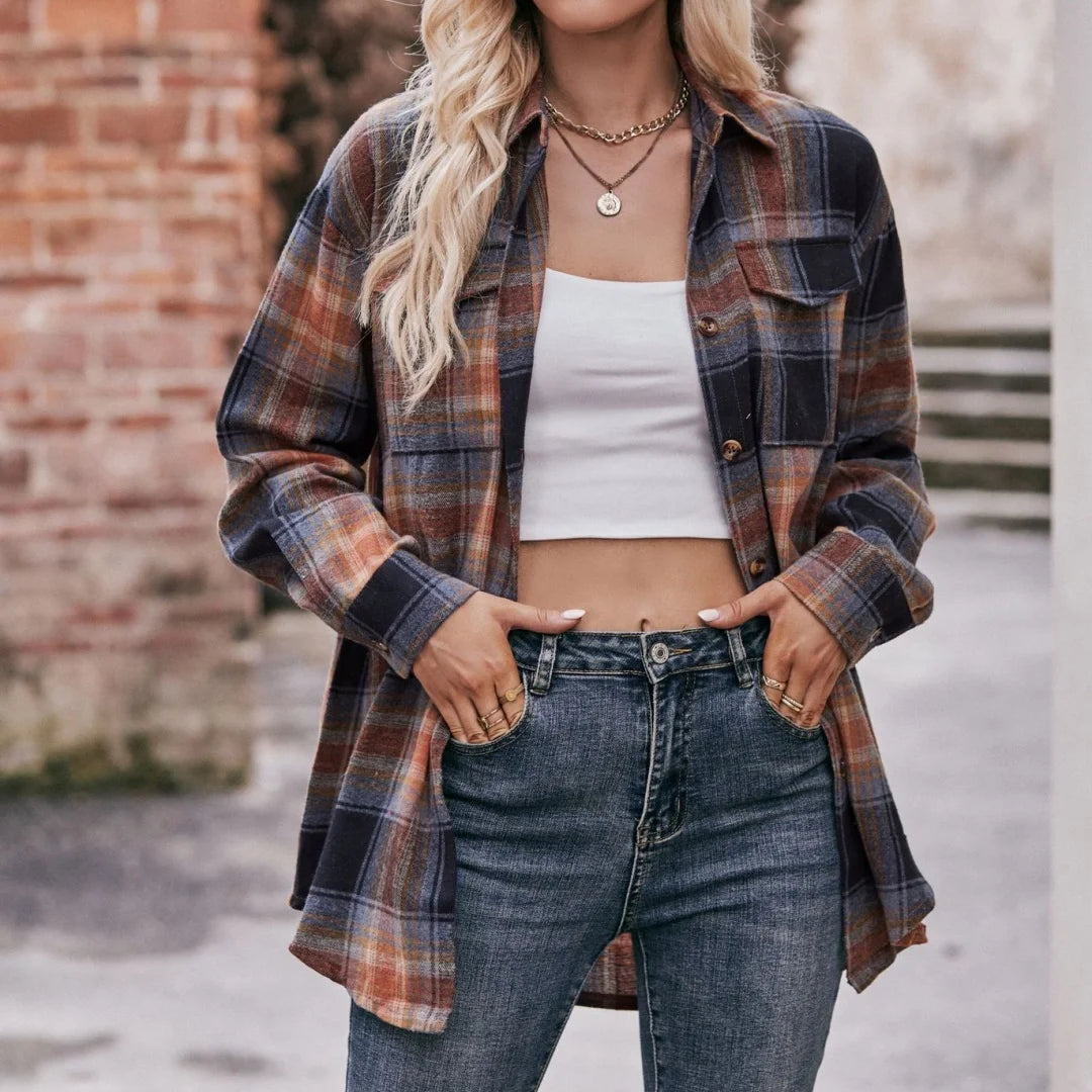 Women's Autumn Winter Loose Plaid Shirt Casual Fashion New Style Checkered Top for Ladies