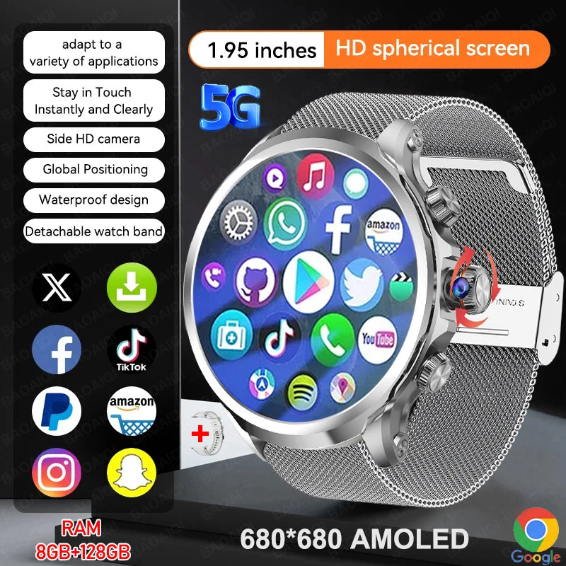 5G/4G Full Netcom Smart Watches 680*680 AMOLED 8GB+128GB RAM 1880mah Battery 900W Camera GPS WIFI Google APP Download Smartwatch