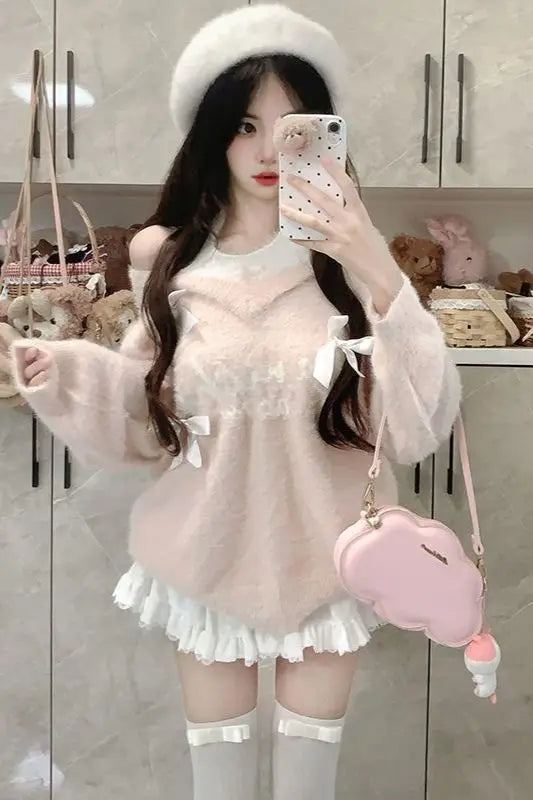 Sweaters Jumpers Pullovers Woman Y2K White Felt Polka Dot French Style Cafe Date Fashion Elegant Feminine Classic Vintage Chic