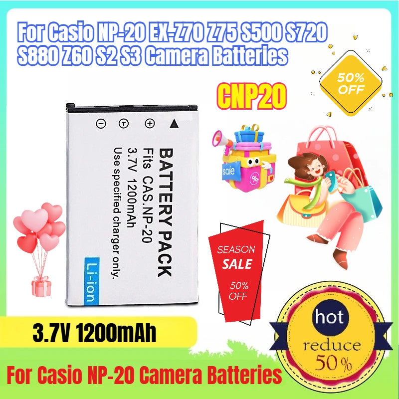 1200mAh CNP20 Battery for Casio NP-20 EX-Z70 Z75 S500 S720 S880 Z60 S2 S3 Camera Batteries