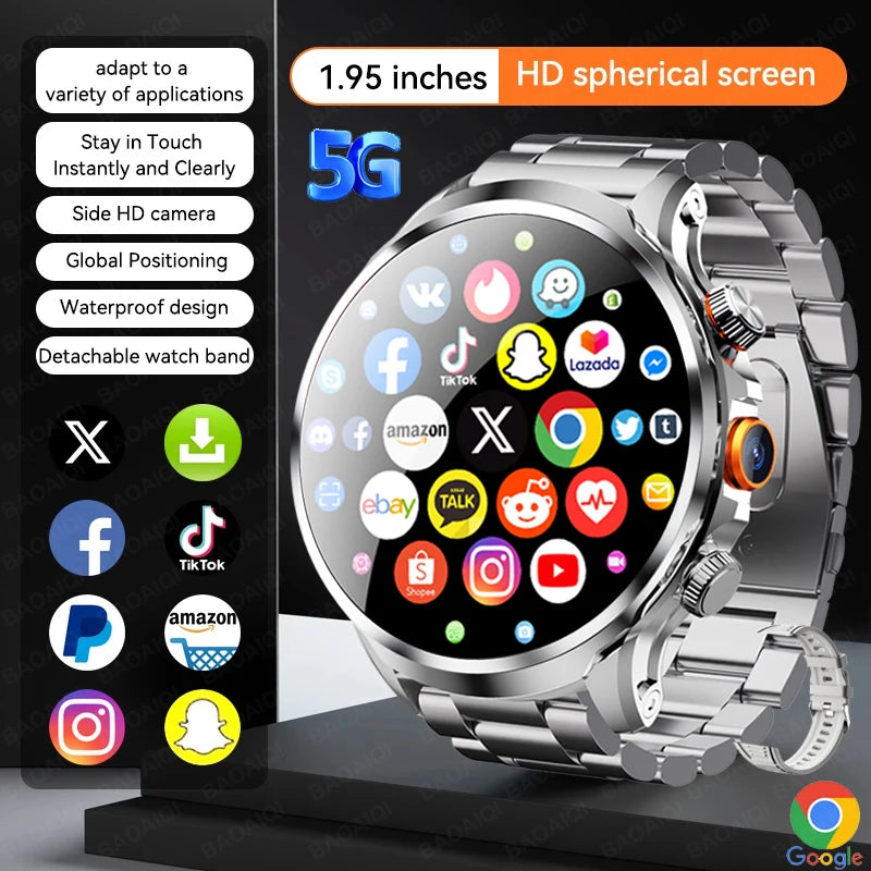 5G/4G Smart Watch 1.95 inch AMOLED 8GB+128GB RAM 800W Camera GPS WIFI Google APPS Download Heart Rate Smartwatch 1880mah Battery