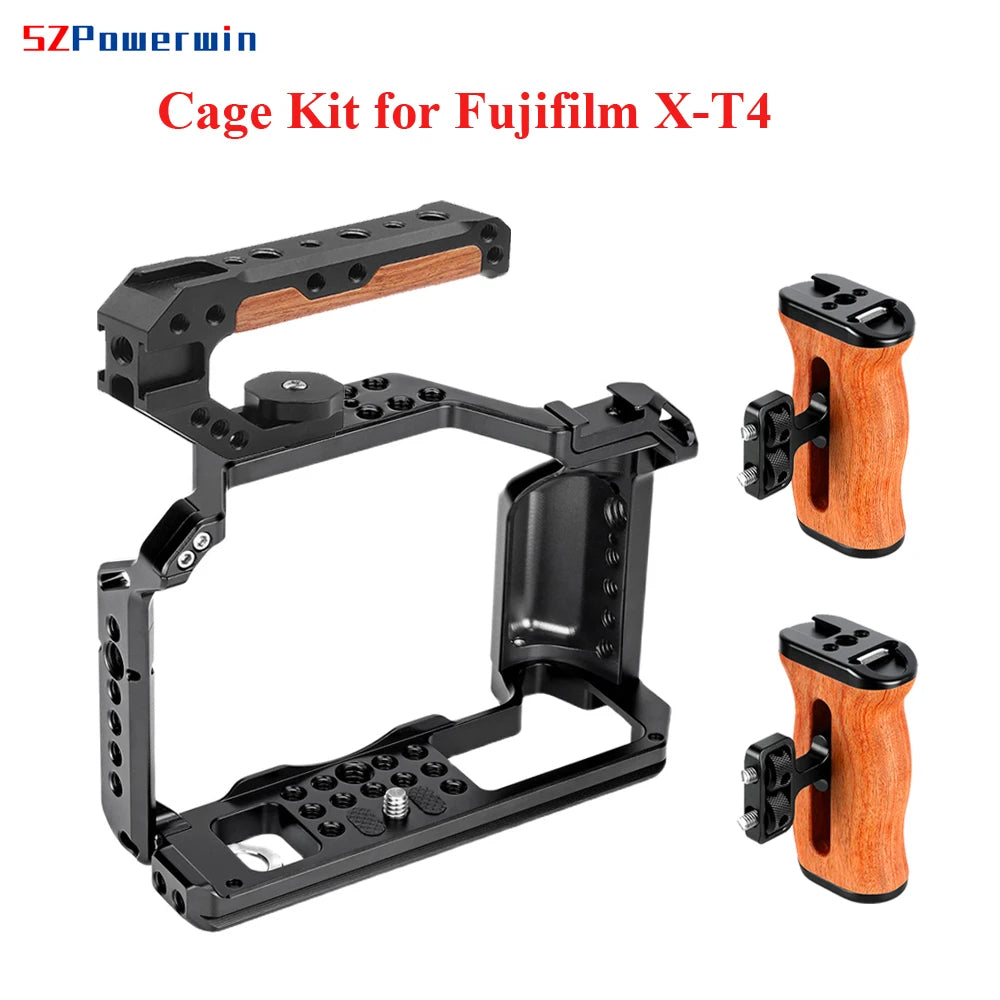 Powerwin For Fujifilm X-T4 XT4 Camera Cage Rig Kit with wooden Handle Aluminum Alloy Multifunctional Arri Locating Screw