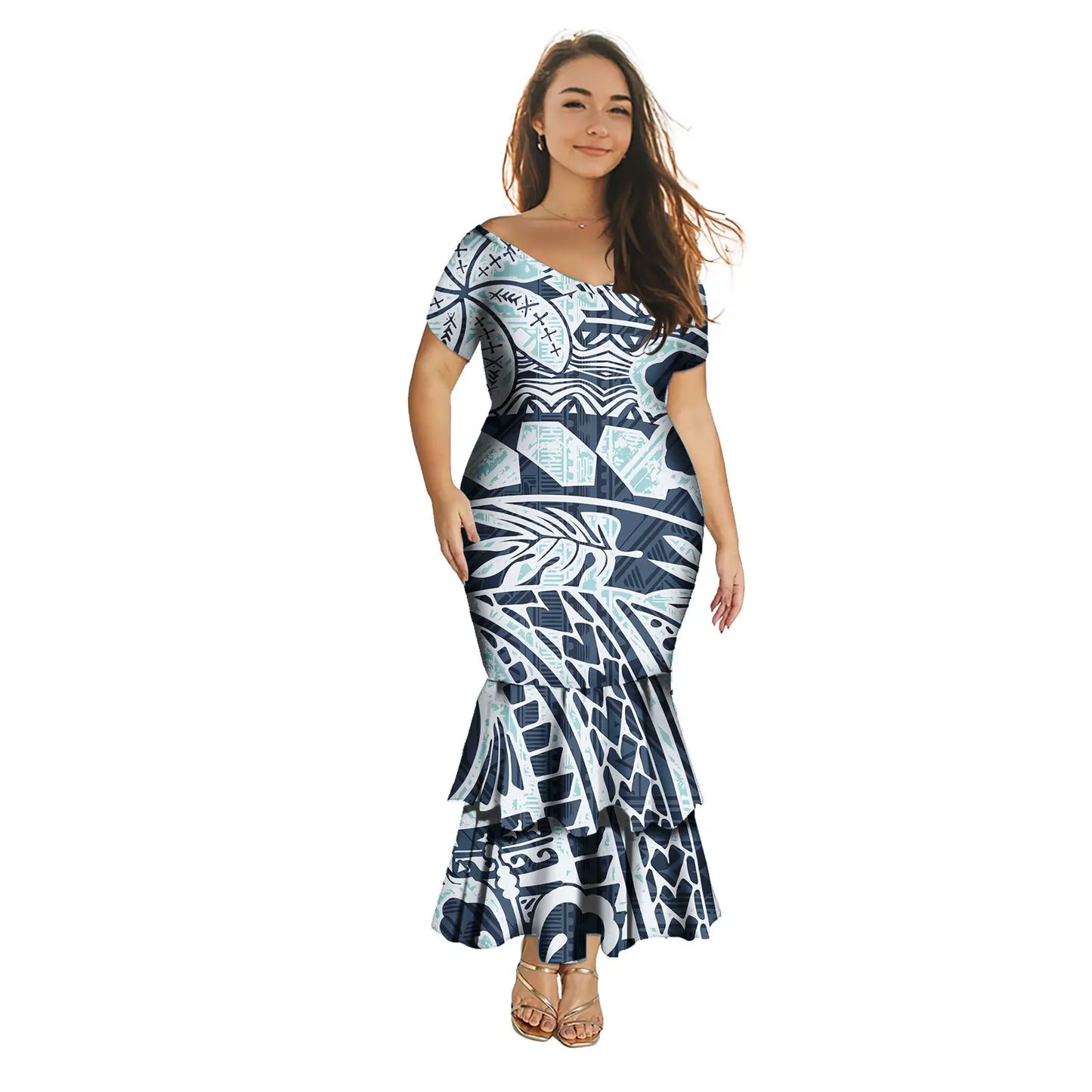 Fashion Puletasi Polynesian Dress for Women Luxury Print Maxi Mermaid Evening Dress Sexy Off Shoulder Dresses
