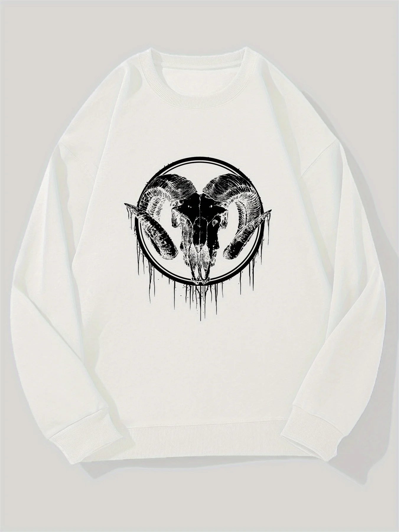 Men's Gothic Ram Head Horns Graphic Sweatshirt Pullover Dark Navy Blue with White Ram Skull Statement Gothic Style Sweater