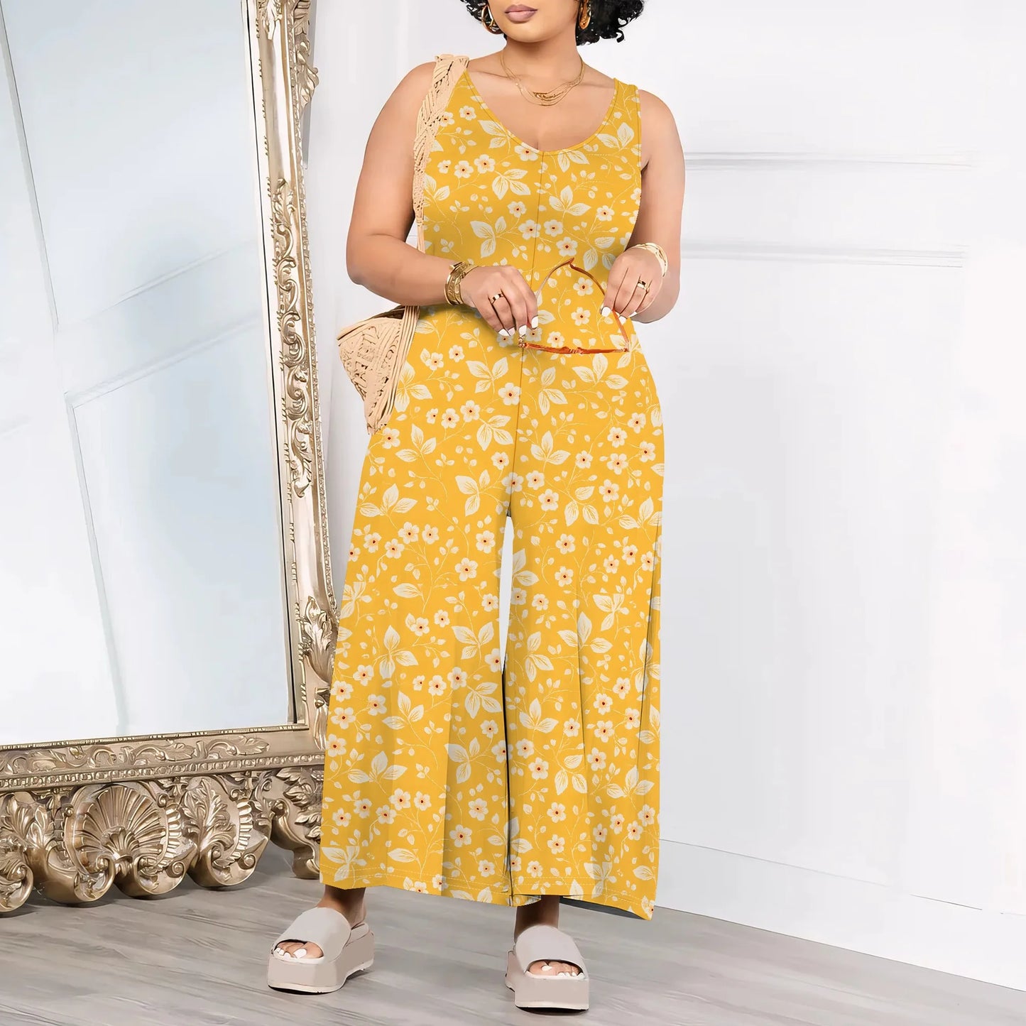 Women's Jumpsuits Overalls Wide Leg Casual 2025 Rompers Sleeveless Smocked One Piece High Waist Loose Fit with Pockets